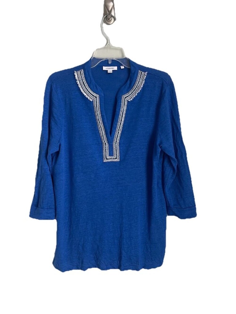 Chicos 2 Blue 100% Linen Embellished Beaded 3/4 Sleeve Tunic